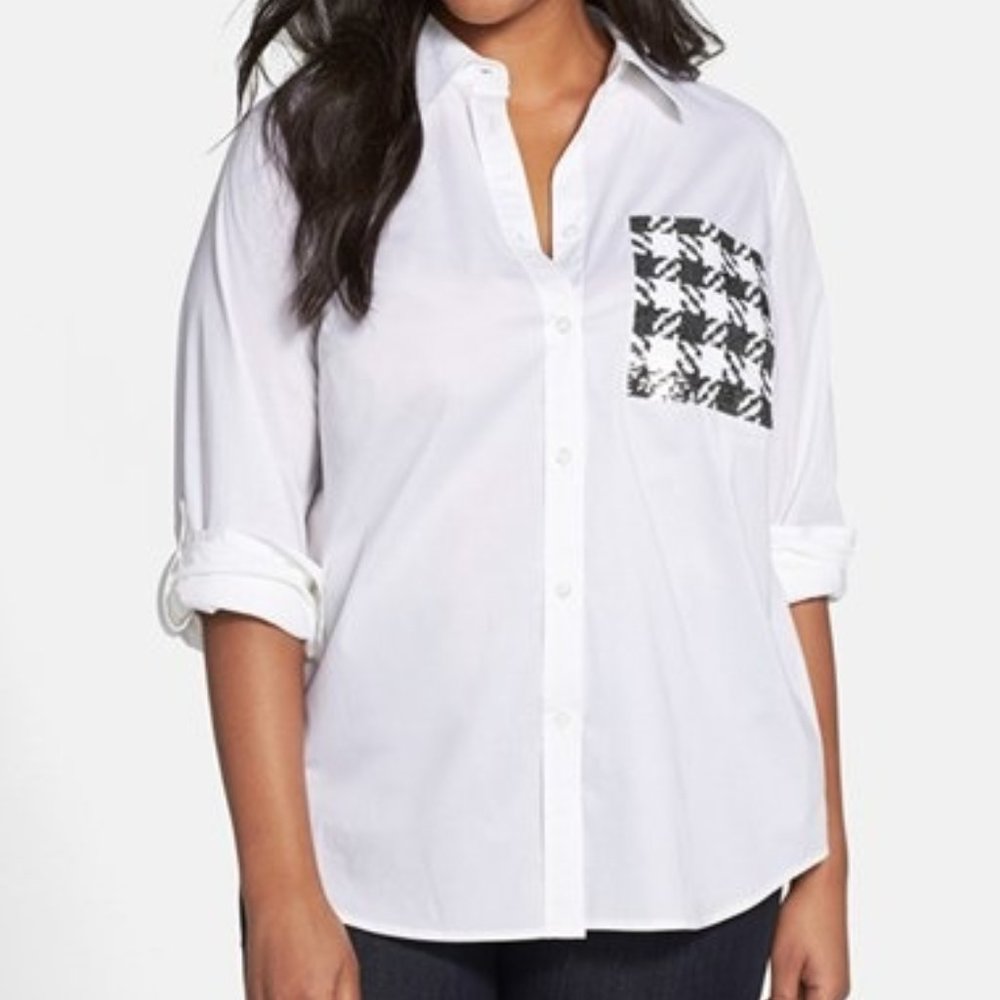 Michael Kors Houndstooth Sequin Pocket Button Up Shirt White Size Large